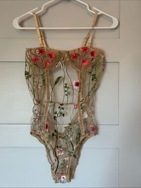 Romwe Sheer Embroidered Floral Lace Bodysuit - Tan with Pink & Green Accents